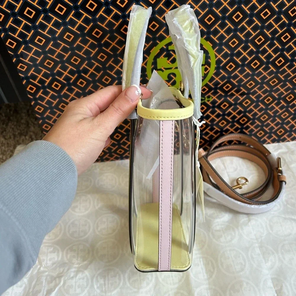 Tory Burch Clear Crossbody Bag with Lime Trim and Tan Strap